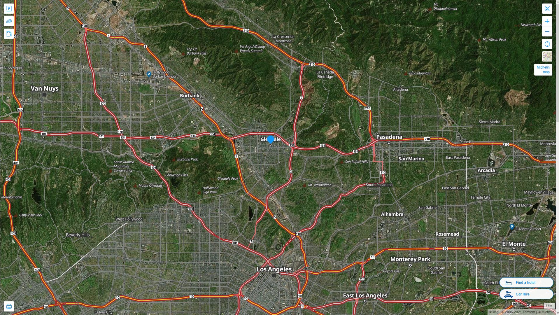 Glendale California Highway and Road Map with Satellite View